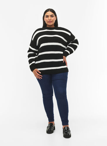 FLASH - Striped Knit Sweater, Black/White Stripe, Model image number 2