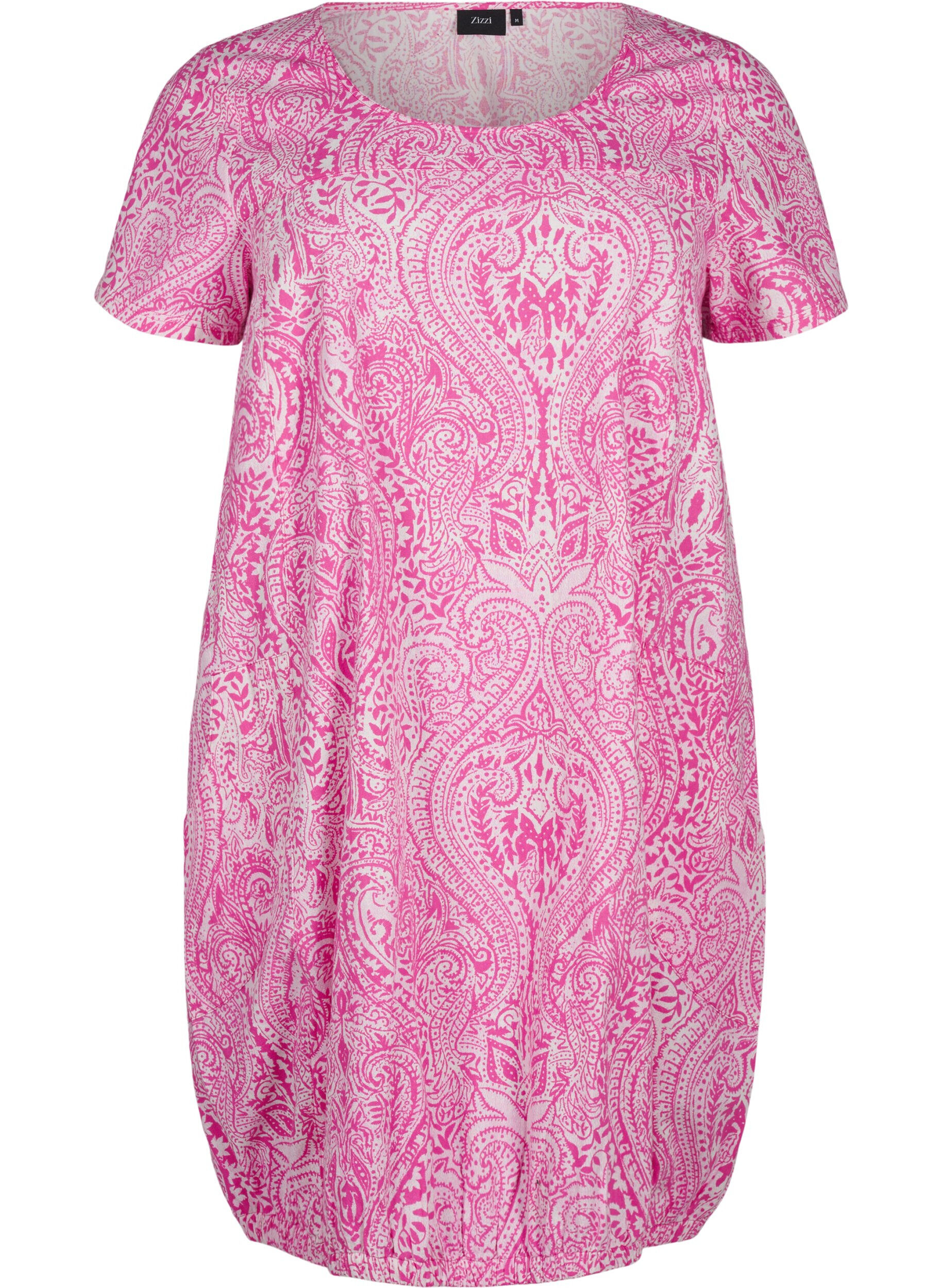 Zizzifashion Short-sleeved cotton dress with paisley print, Pink, Packshot image number 0