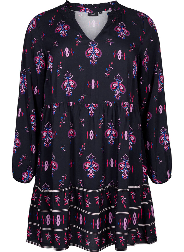 Long sleeve viscose dress with print, Black Pink AOP, Packshot image number 0