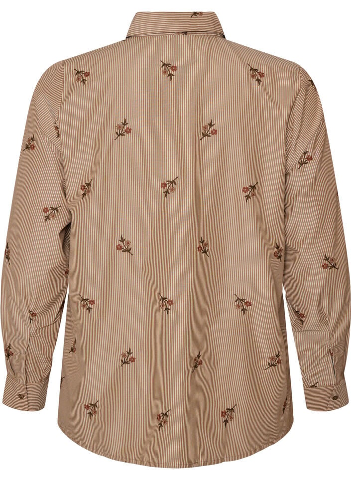 Striped shirt with embroidered flowers, Brown, Packshot image number 1