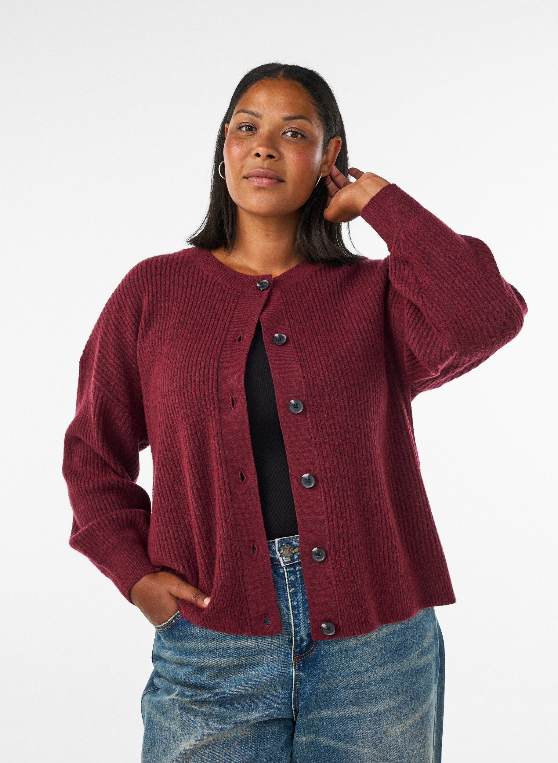 Rib knit cardigan with buttons, Red, Model
