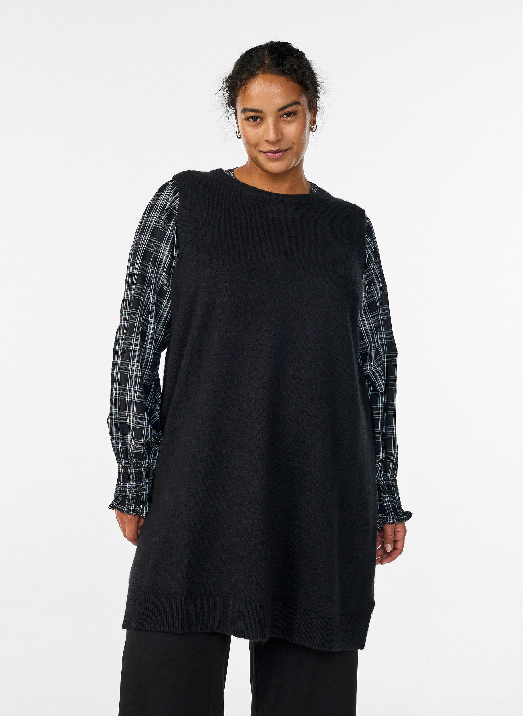 ZizzifashionShort sleeveless knitted dress, Black, Model image number 0