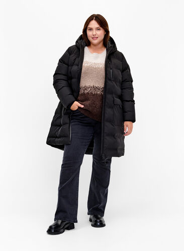 Puffer coat with hood and pockets, Black, Model image number 2