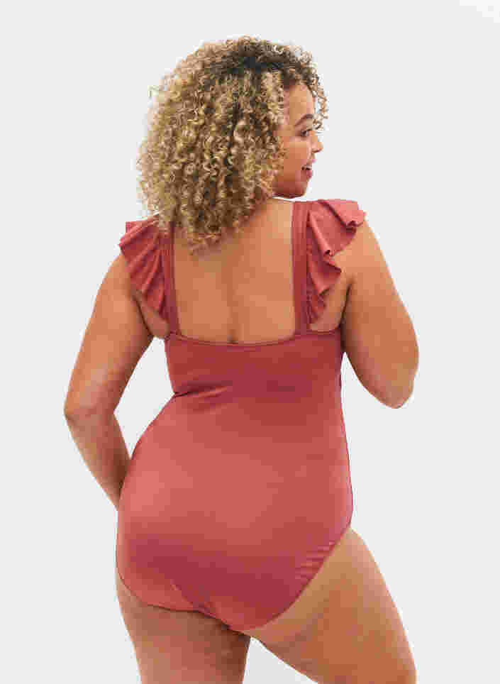 Swimsuit with ruffle sleeves, Earth Red, Model image number 1