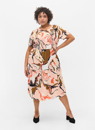Printed viscose dress with smock, Abstract AOP, Model image number 2