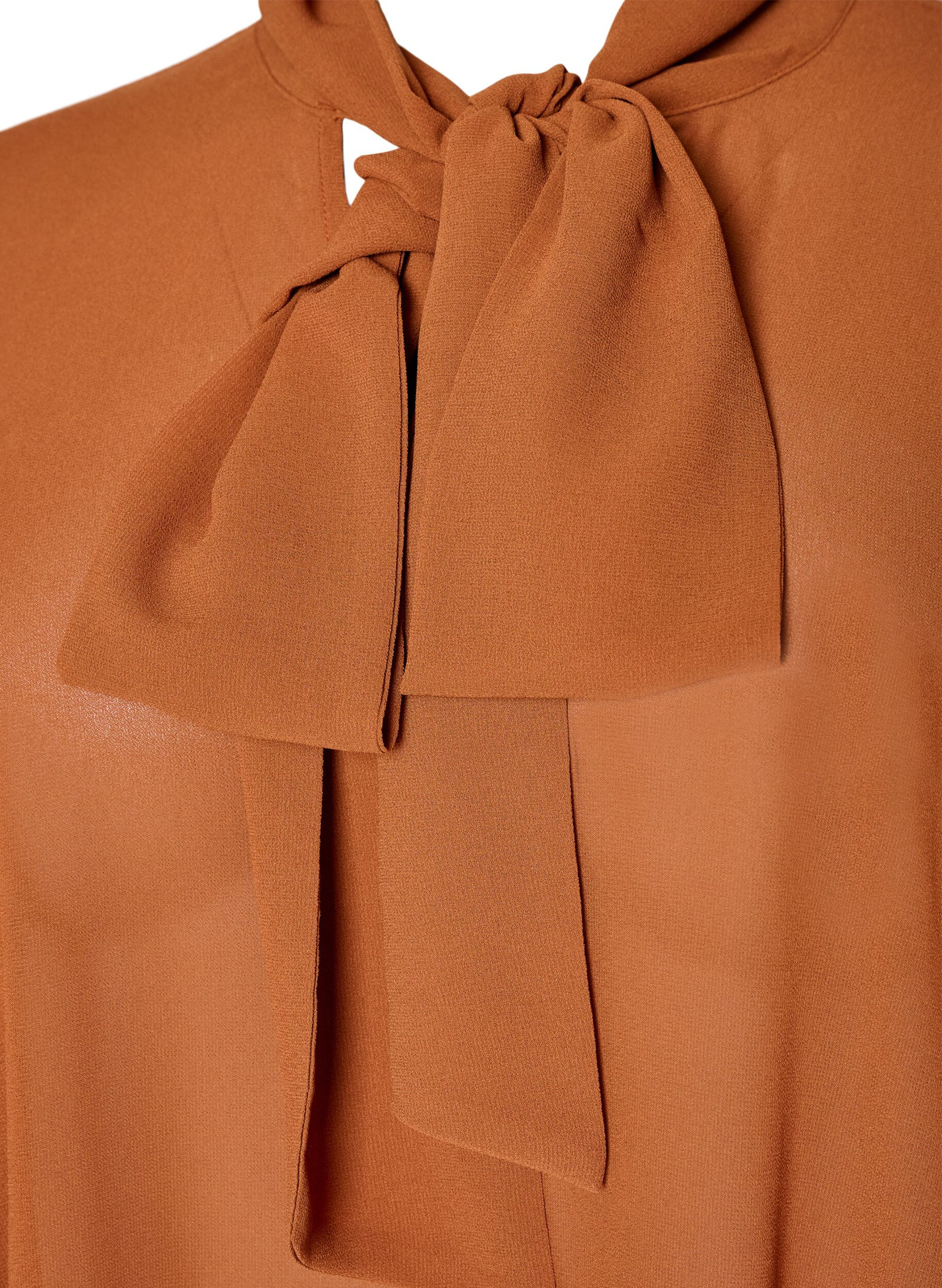 ZizzifashionBlouse with ribbon tie and ruffle details, Brown, Packshot image number 2