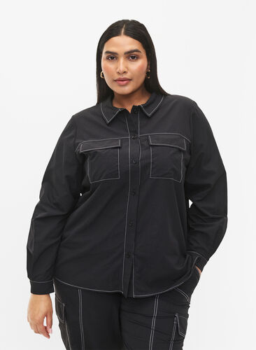 Shirt with contrast stitching, Black, Model image number 0