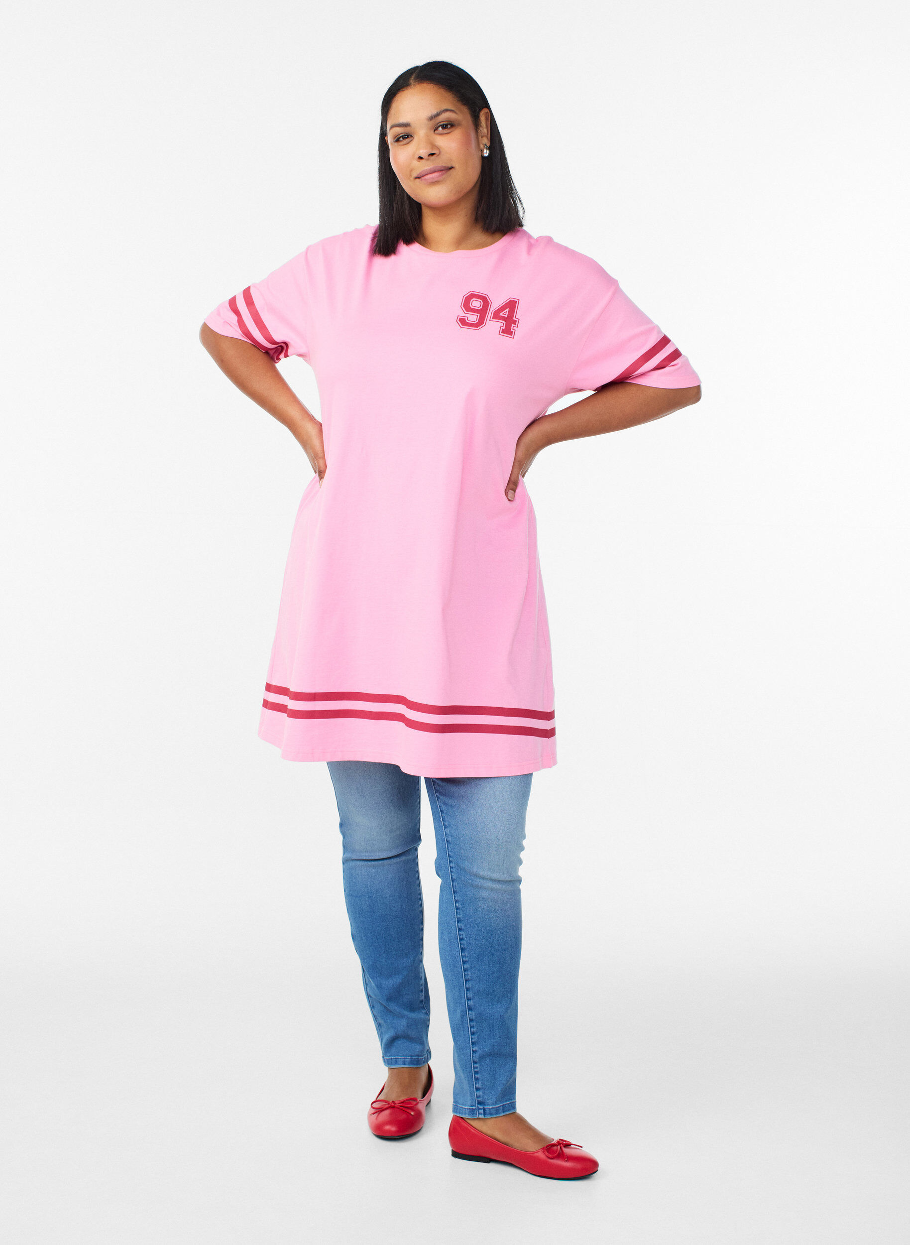 Zizzifashion Short T-shirt dress with sporty details, Pink, Model image number 1