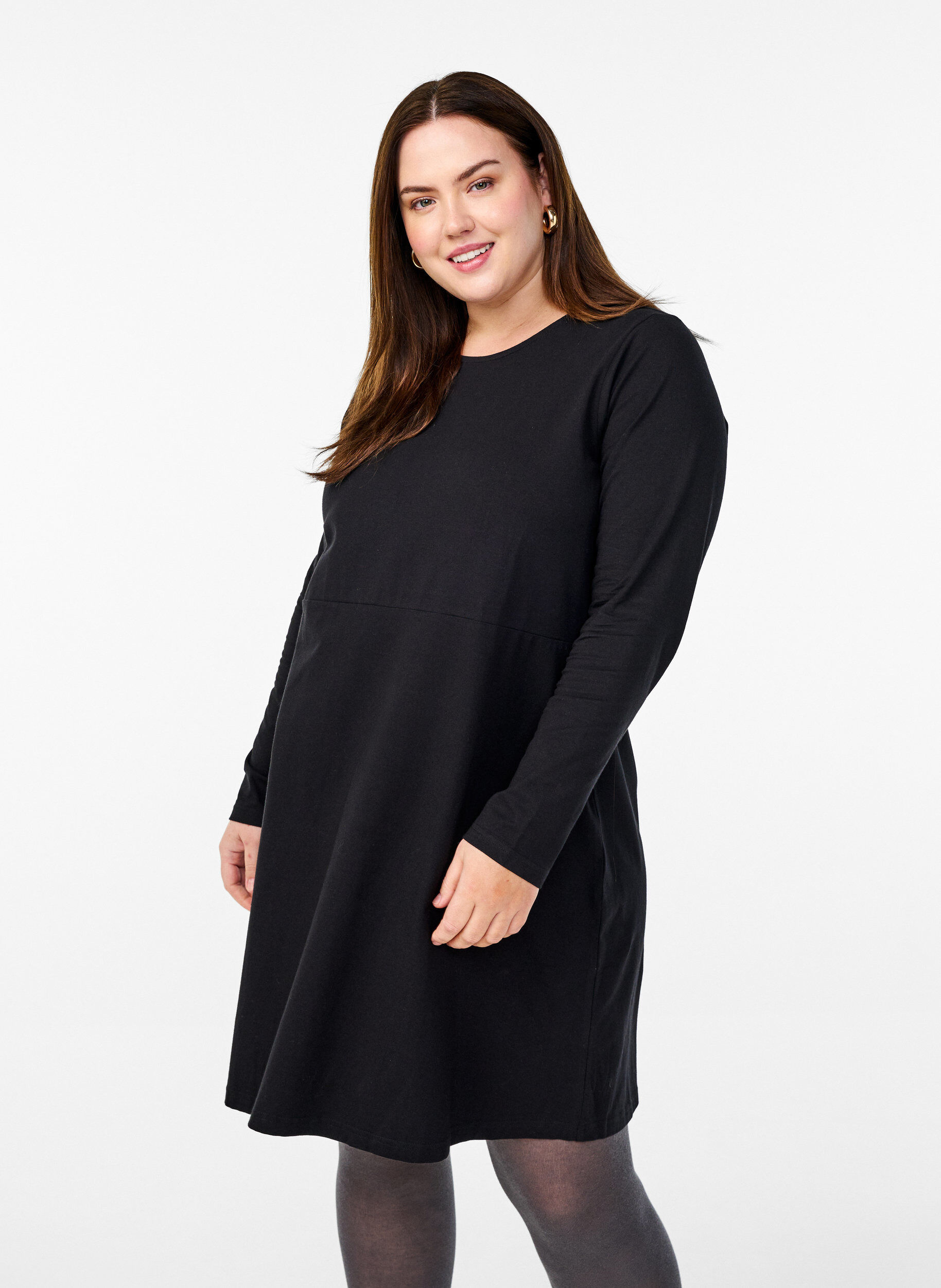 Zizzifashion Long-sleeved dress with round neck, Black, Model image number 0
