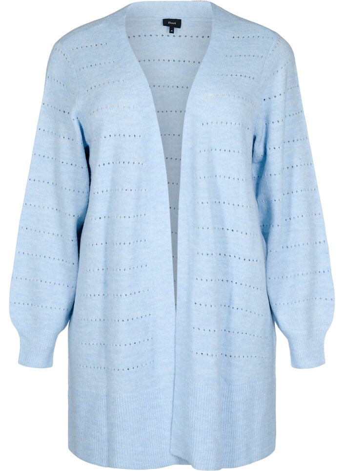 Long knitted cardigan with a lace pattern, Cashmere Blue Mel., Packshot image number 0