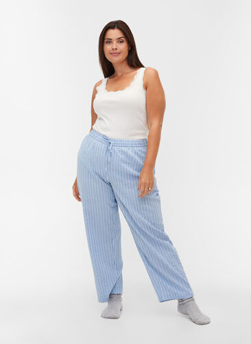 Loose cotton pyjama trousers with stripes, Chambray Blue Stripe, Model image number 0