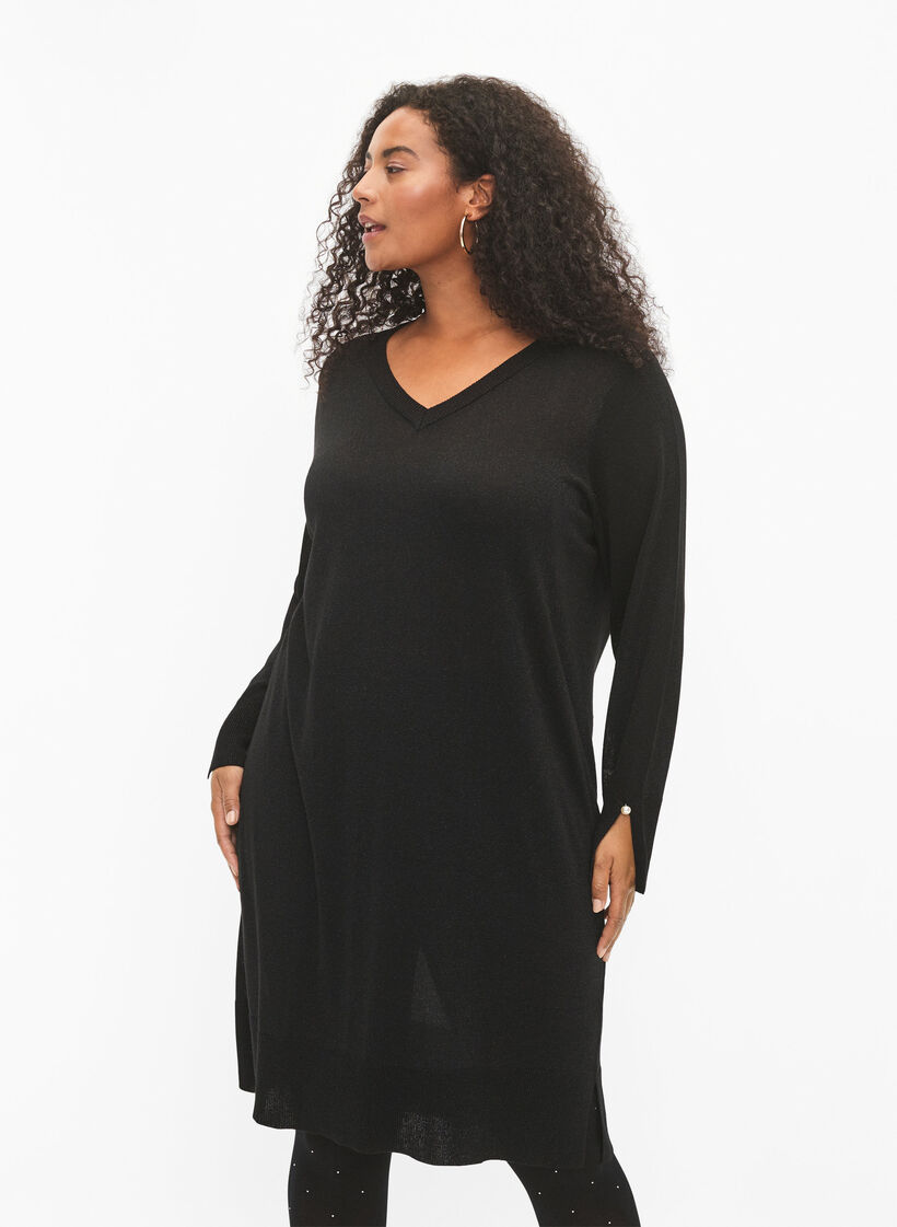 Viscose knit dress with glitter and slits, Black w. DTM Lurex, Model image number 0