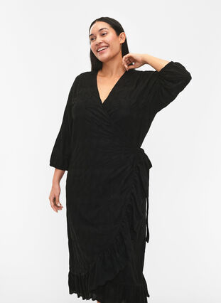 FLASH - Wrap Dress with 3/4 Sleeves, Black, Model image number 2
