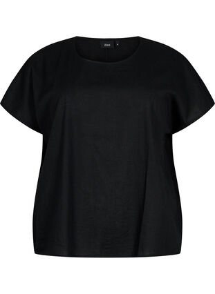 Short-sleeved blouse in cotton blend with linen, Black, Packshot image number 0