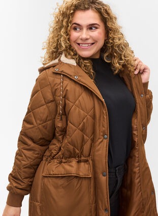 Quilted jacket with hood and adjustable waist, Toffee, Model image number 2