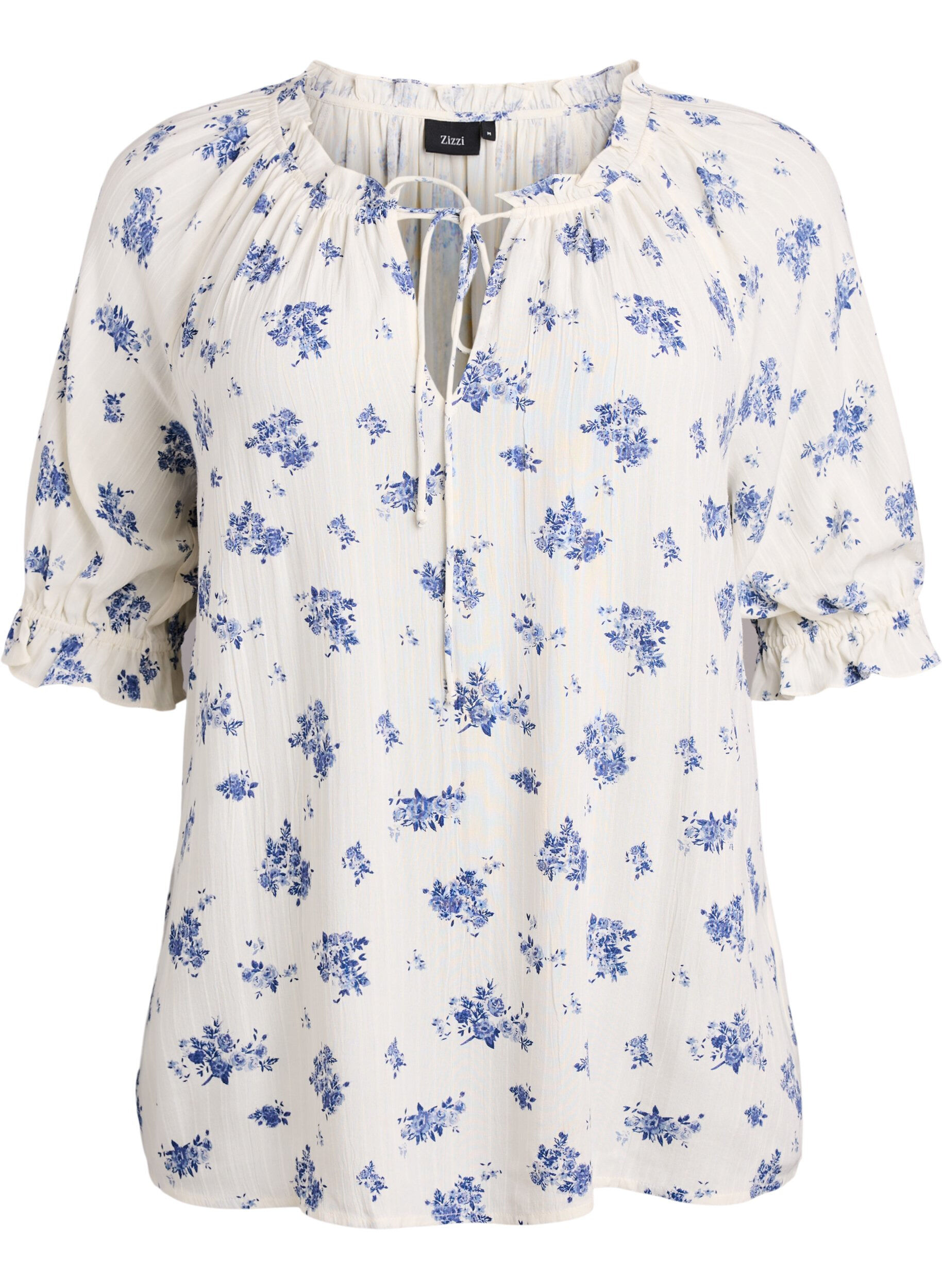 Zizzifashion Floral viscose blouse with half-length sleeves, White, Packshot image number 0