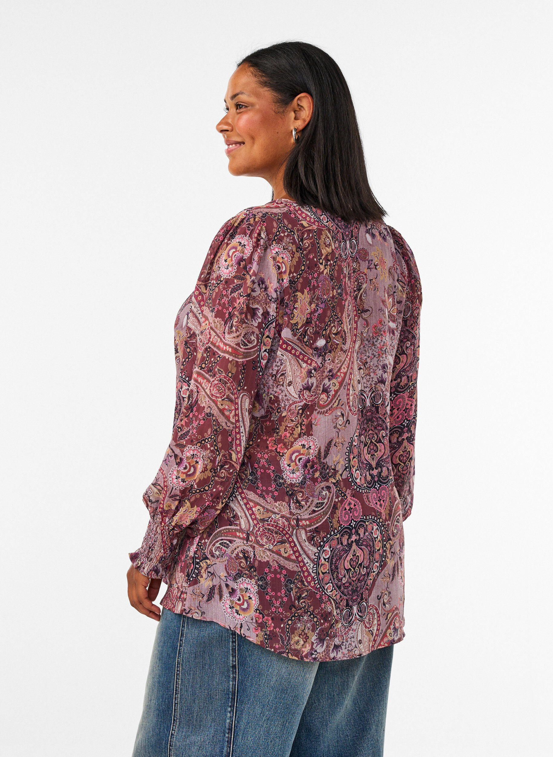 ZizzifashionTunic with paisley print and smocked cuffs, Rose, Model image number 2