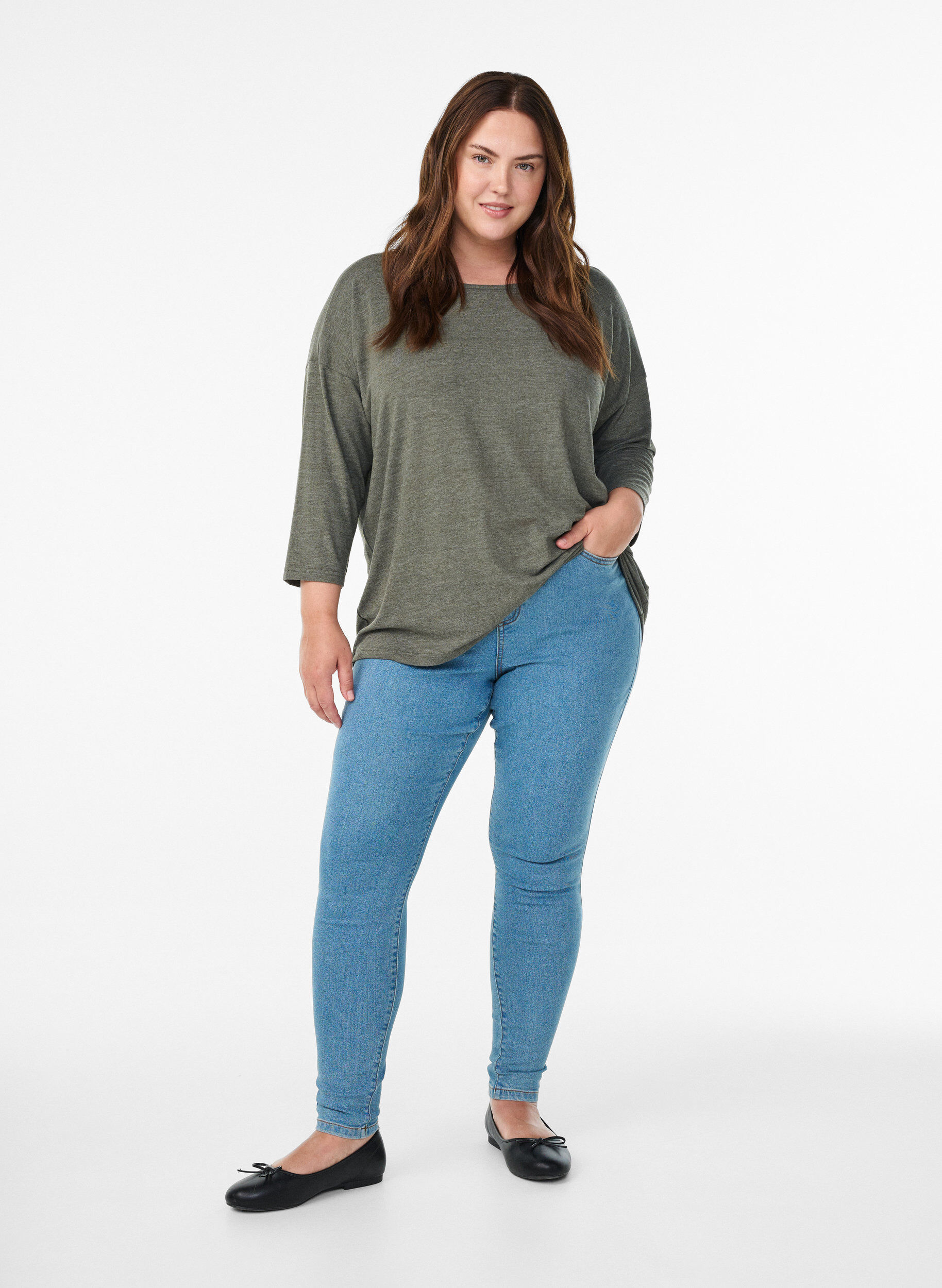 Zizzifashion FLASH &ndash; Jersey blouse with 3/4 sleeves, Green, Model image number 1