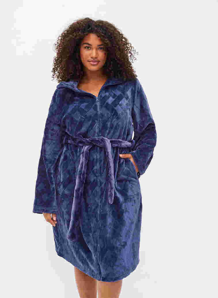Dressing gown with zip and pockets, Peacoat, Model image number 0