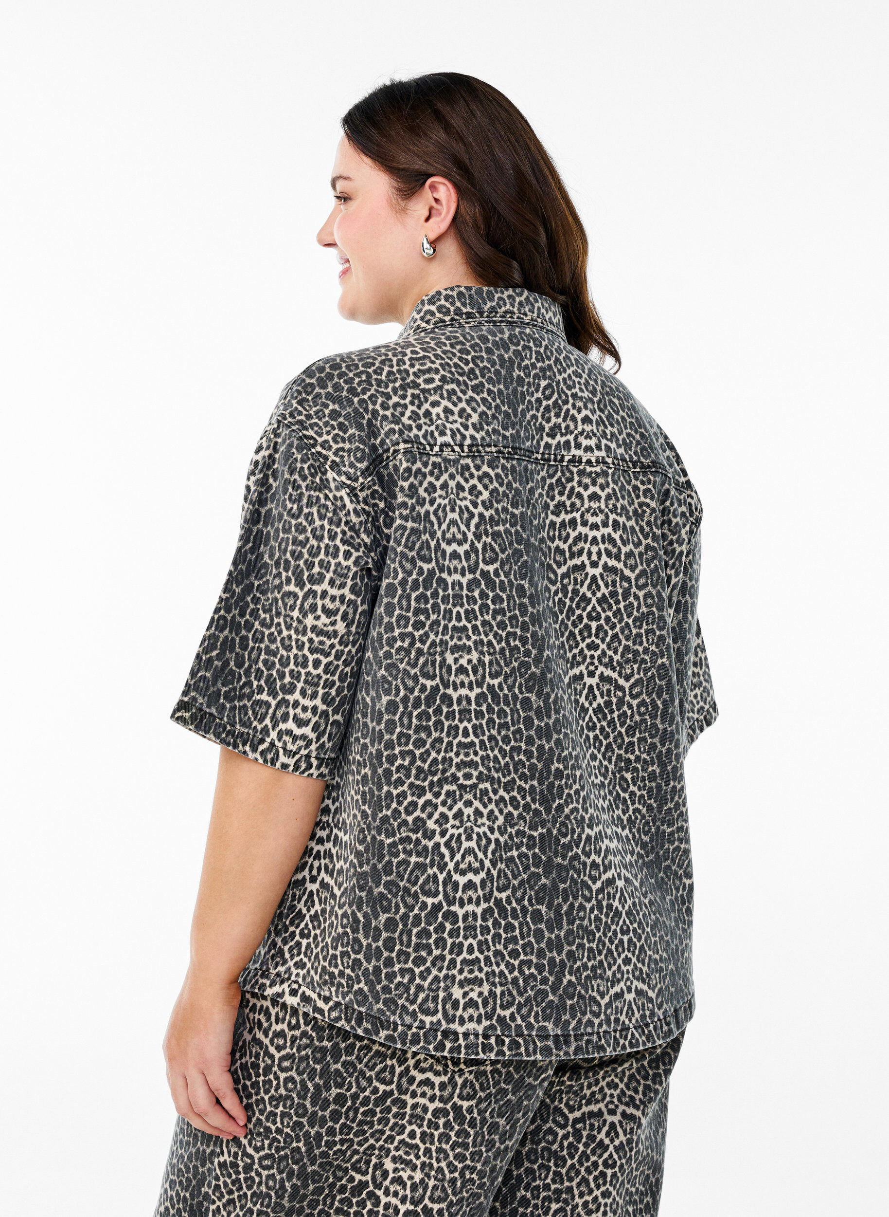 ZizzifashionDenim shirt with leopard print and short sleeves, Brown, Model image number 2