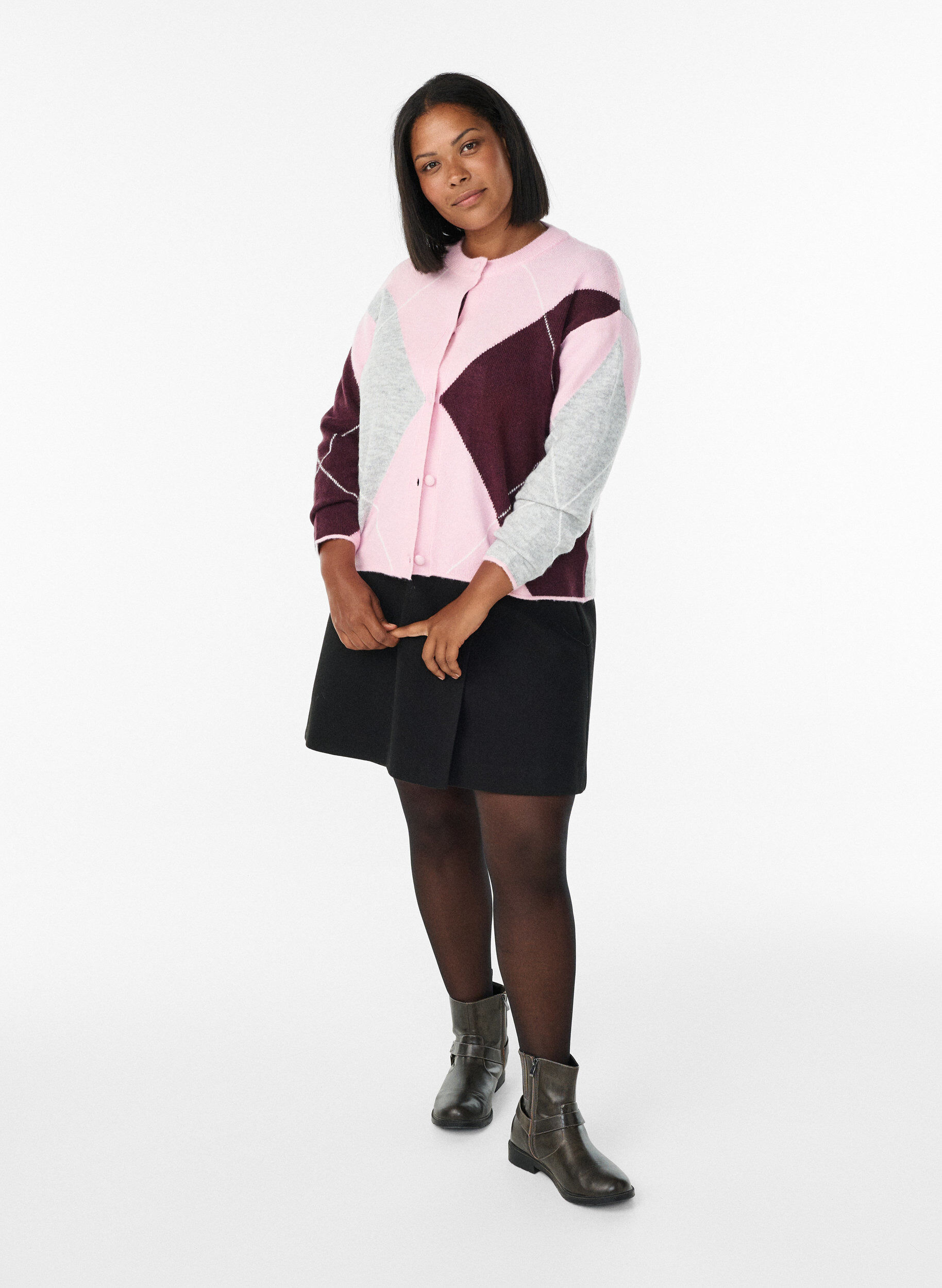 Zizzifashion Cardigan with argyle pattern and round neck, Rose, Model image number 1