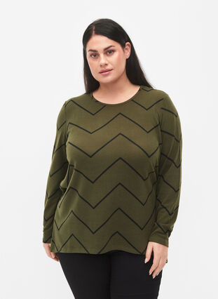 Patterned blouse with long sleeves, Army Zig Zag, Model image number 0