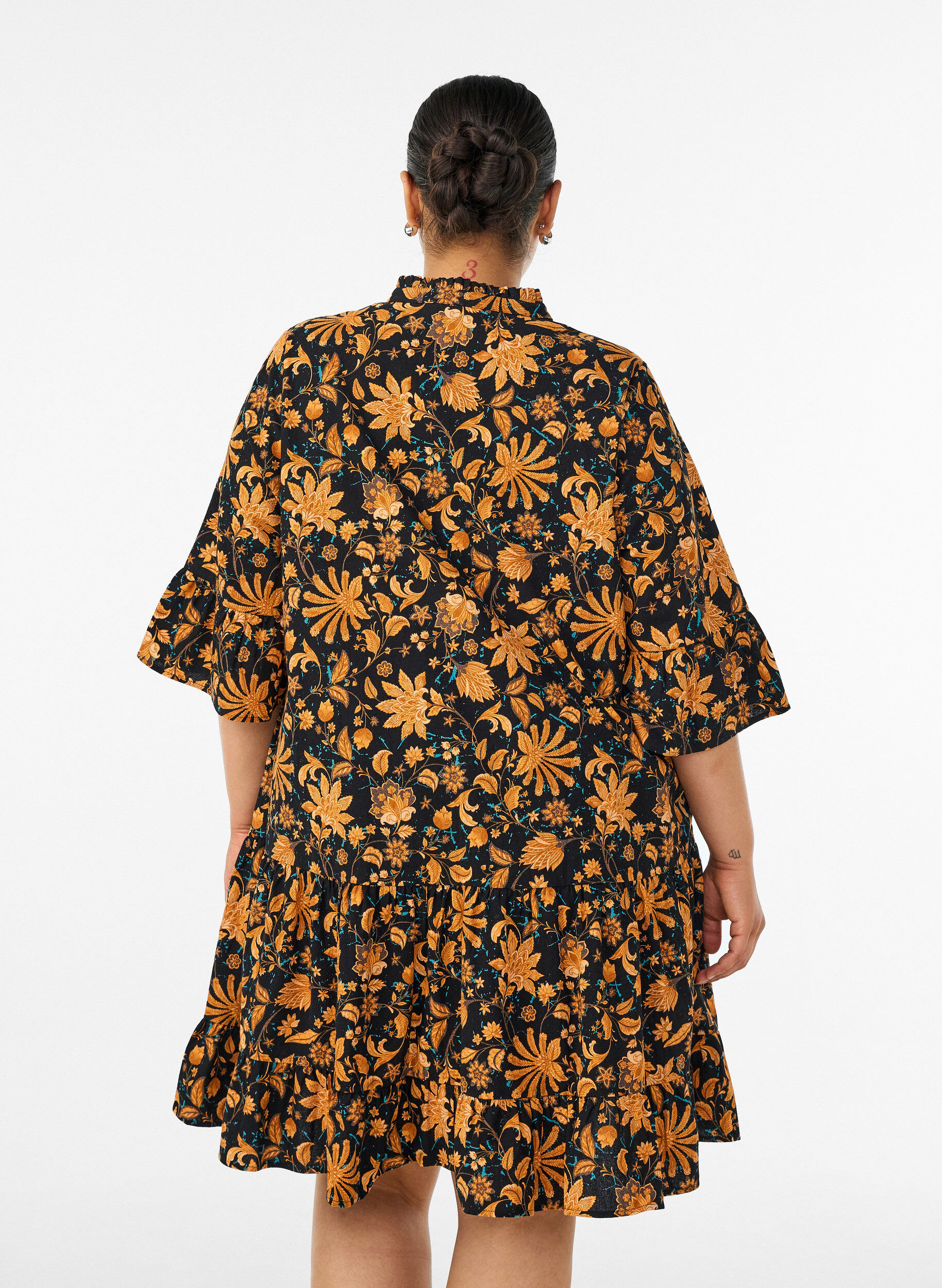 ZizzifashionFloral cotton dress with ruffle details and a loose A-line shape, Orange, Model image number 2