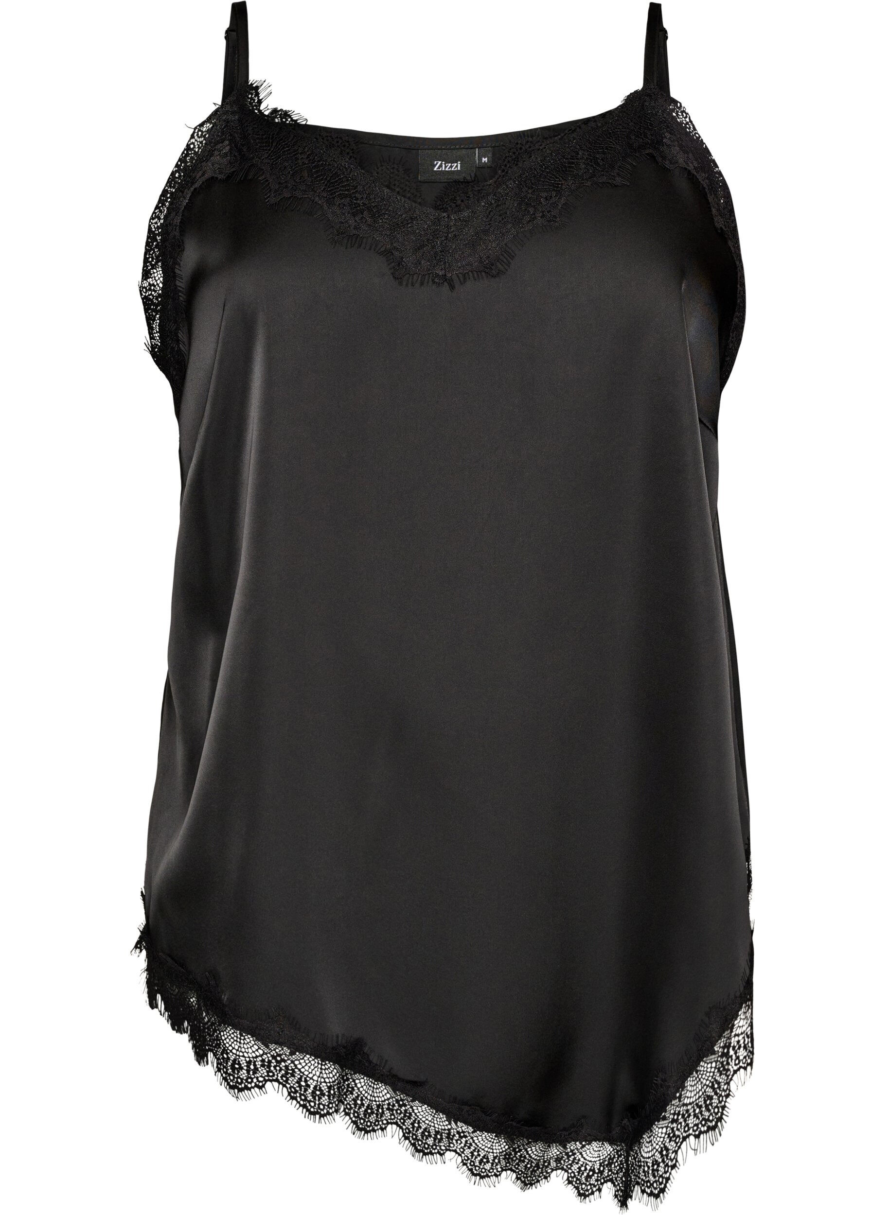 Satin top with lace trim and asymmetric hem