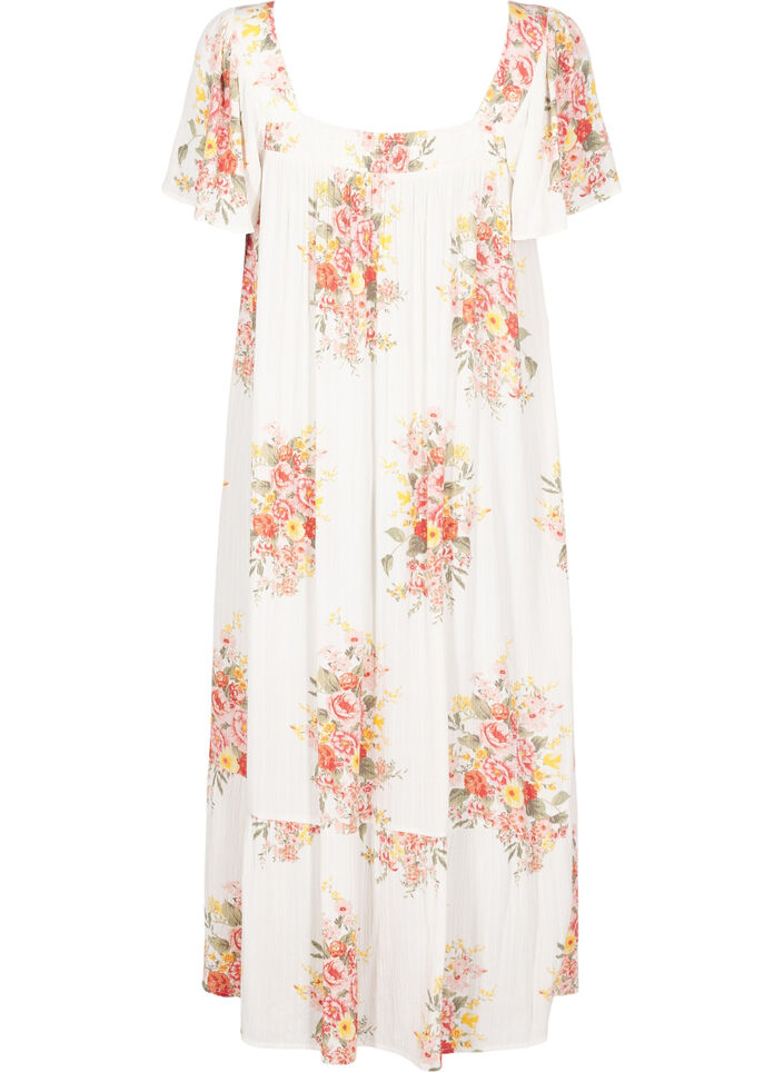 Long dress with a square neckline and floral motifs, Vanilla, Packshot image number 1