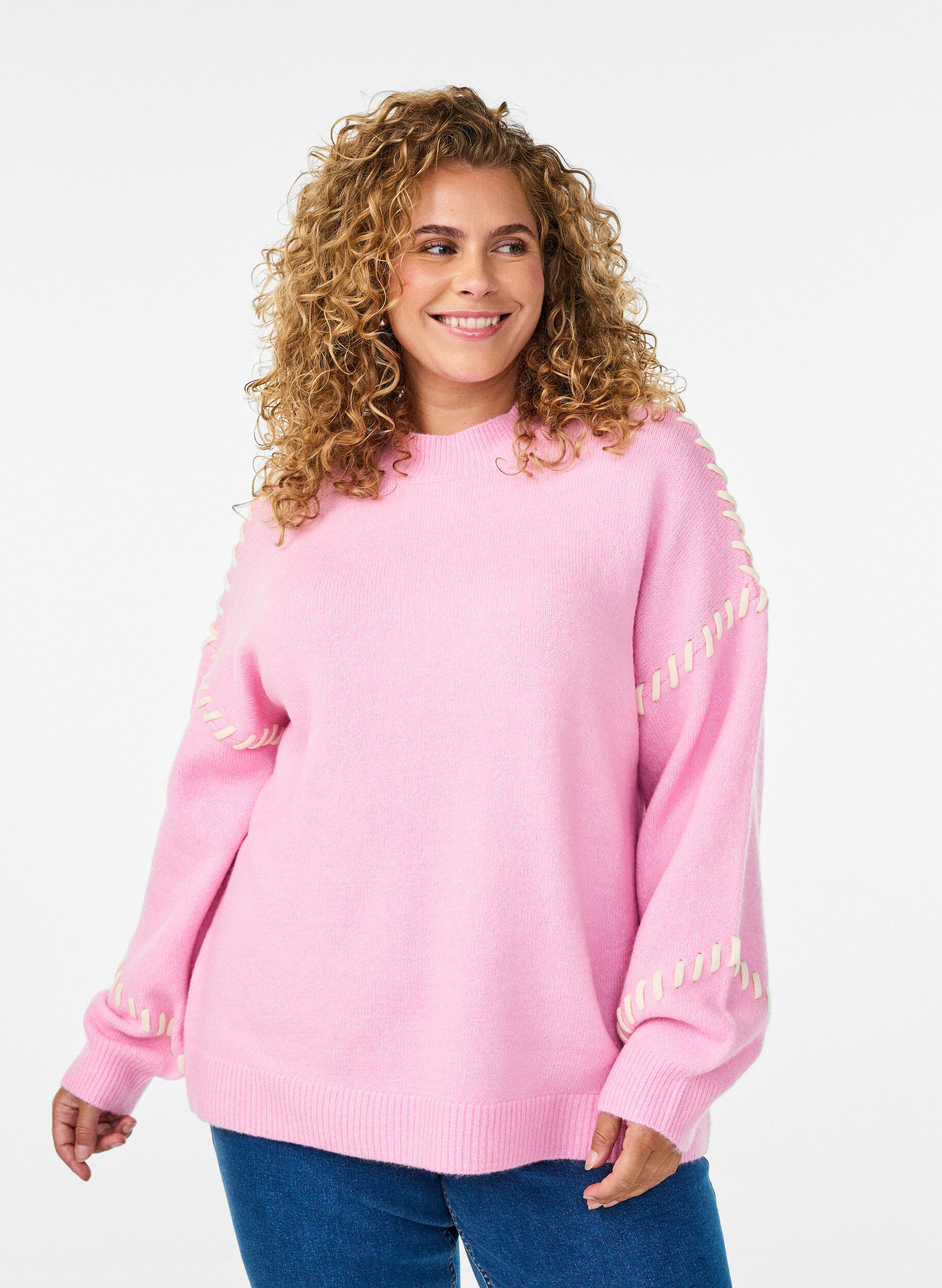 Zizzifashion Jumper with decorative stitching, Pink, Model image number 0