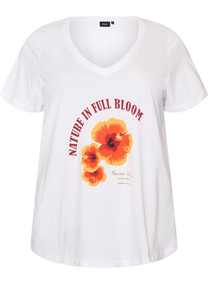 Cotton T-shirt with front print and V-neck, White, Packshot image number 0