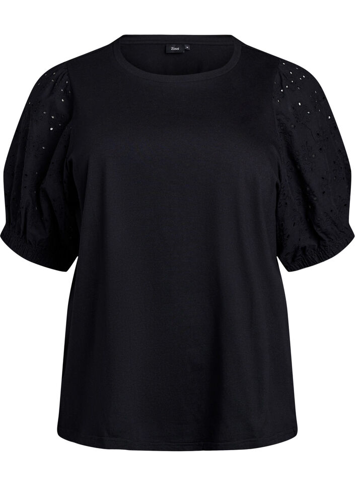 T-shirt with Broderie Anglaise sleeves, Black, Packshot image number 0
