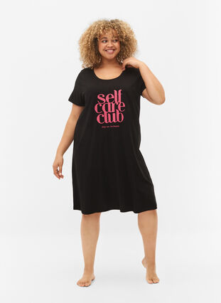 Short-sleeved cotton nightdress, Black w. Self Care, Model image number 2
