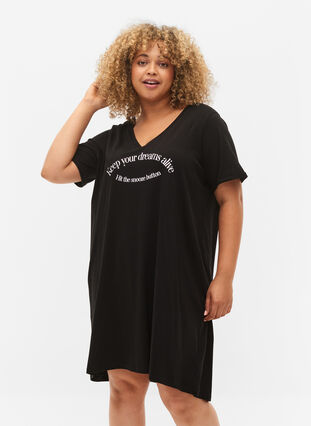 Cotton nightdress with print, Black w. Keep, Model image number 0