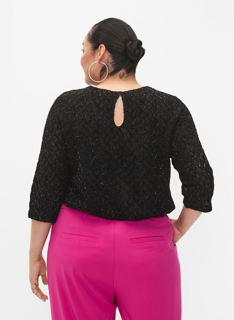 Patterned blouse with 3/4 sleeves and glitter, Black, Model image number 1