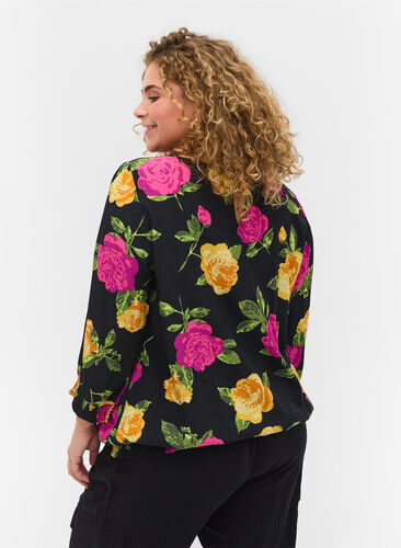 Floral viscose blouse with 3/4-length sleeves and smocking, Black Flower AOP, Model image number 1
