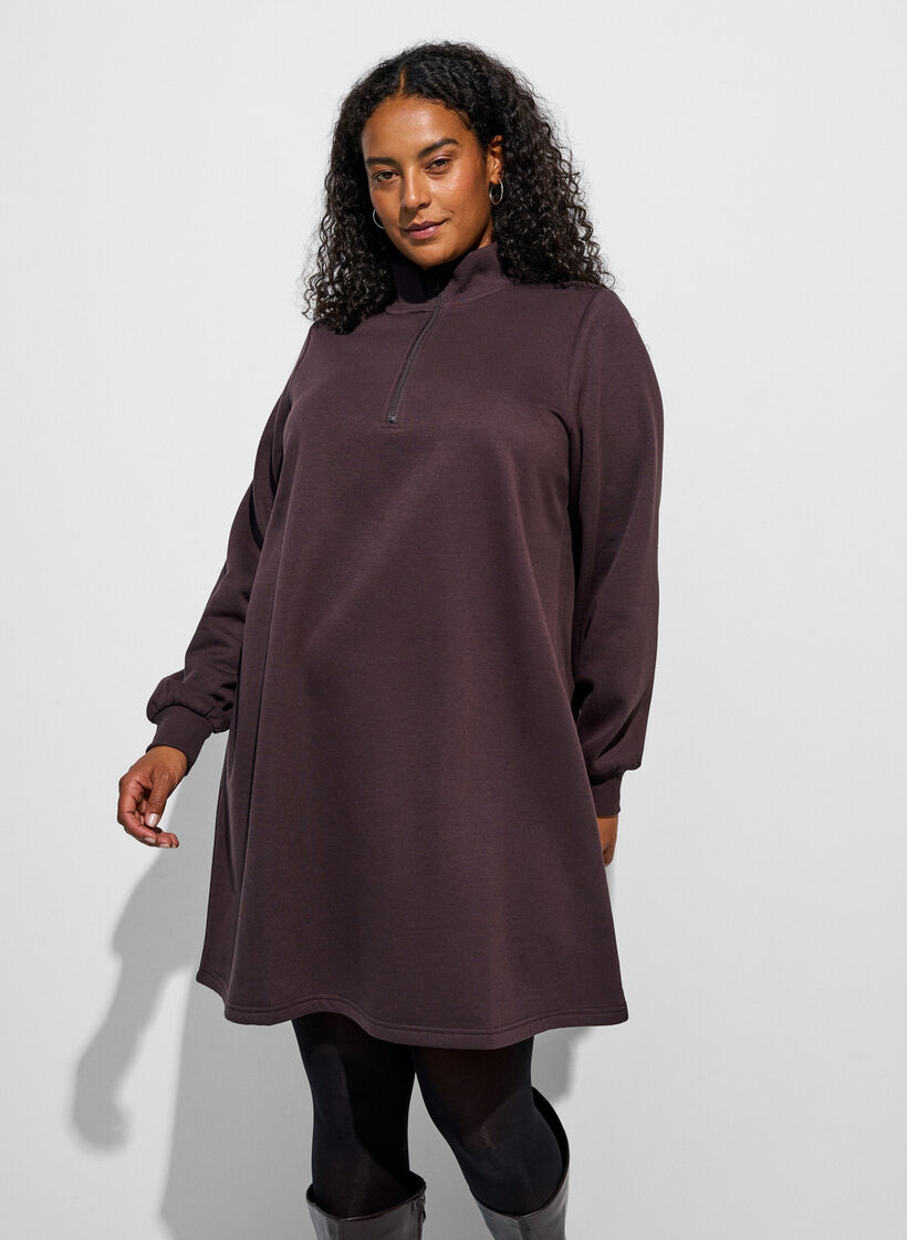 Sweatshirt dress with a high ribbed collar and zip, Brown, Model image number 0