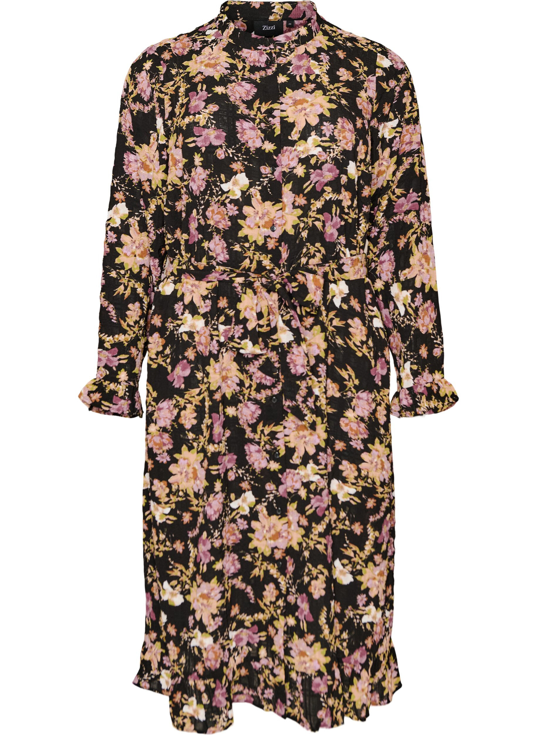ZizzifashionMidi dress with floral print and detachable tie belt, Black, Packshot image number 0