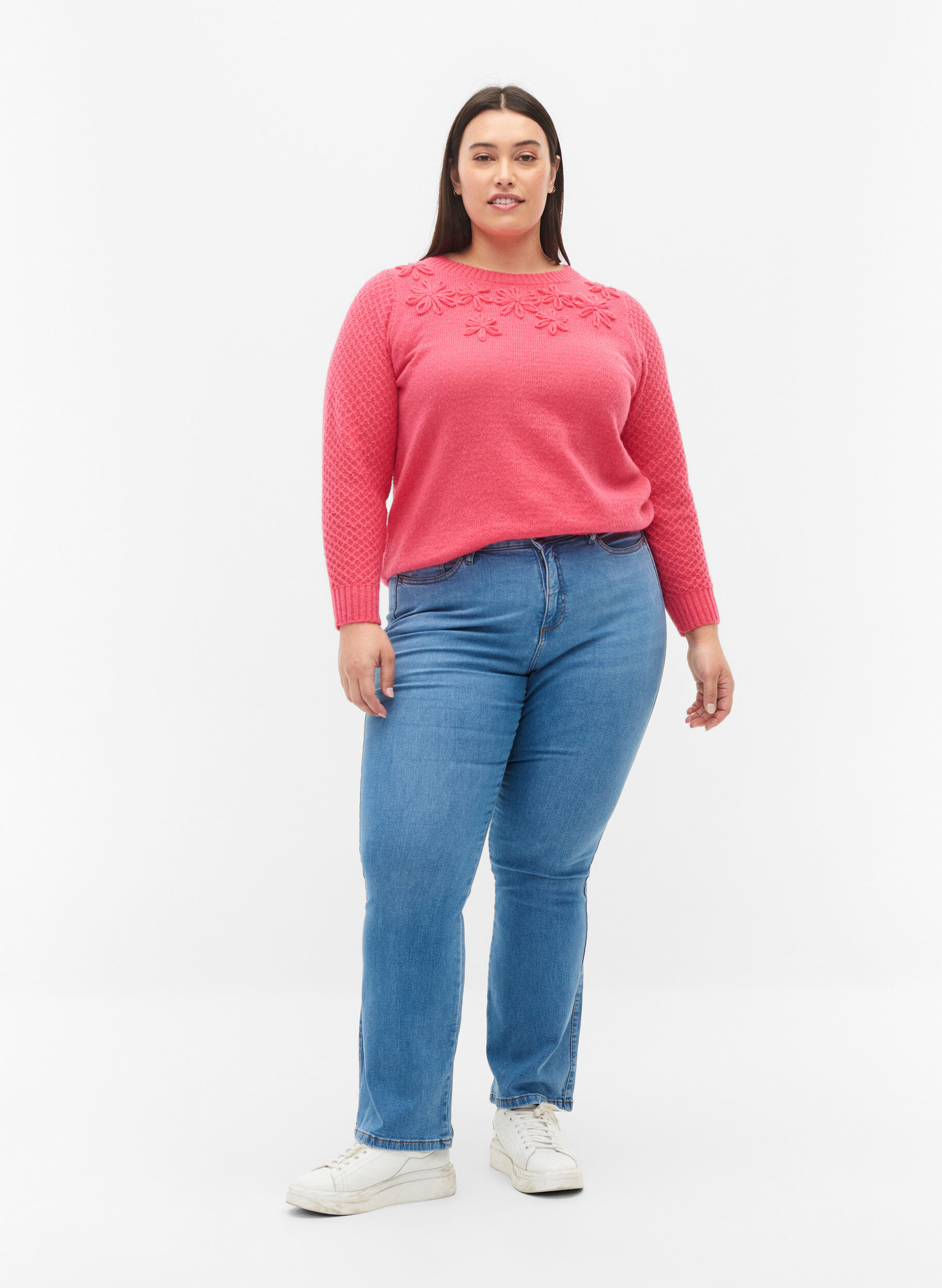 Zizzifashion Knitted jumper with flower details, Hot Pink, Model image number 3