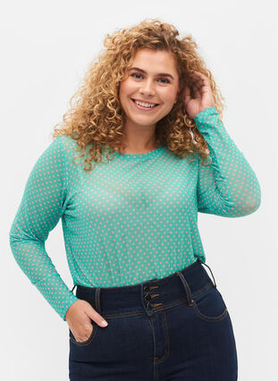 Printed mesh blouse, Green Dot, Model image number 0