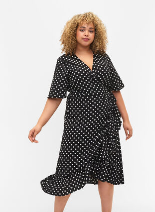 Printed wrap dress with short sleeves, Black Dot, Model image number 0