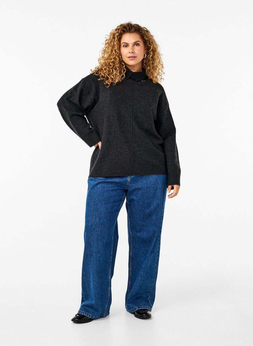 Knitted blouse with a round neck and center seam, Dark Grey Melange, Model image number 2