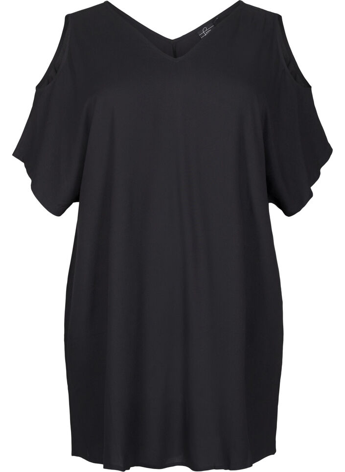 Beach dress with shoulder detail in viscose, Black, Packshot image number 0