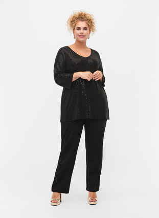 Top with glitter structure and v-neck, Black, Model image number 2