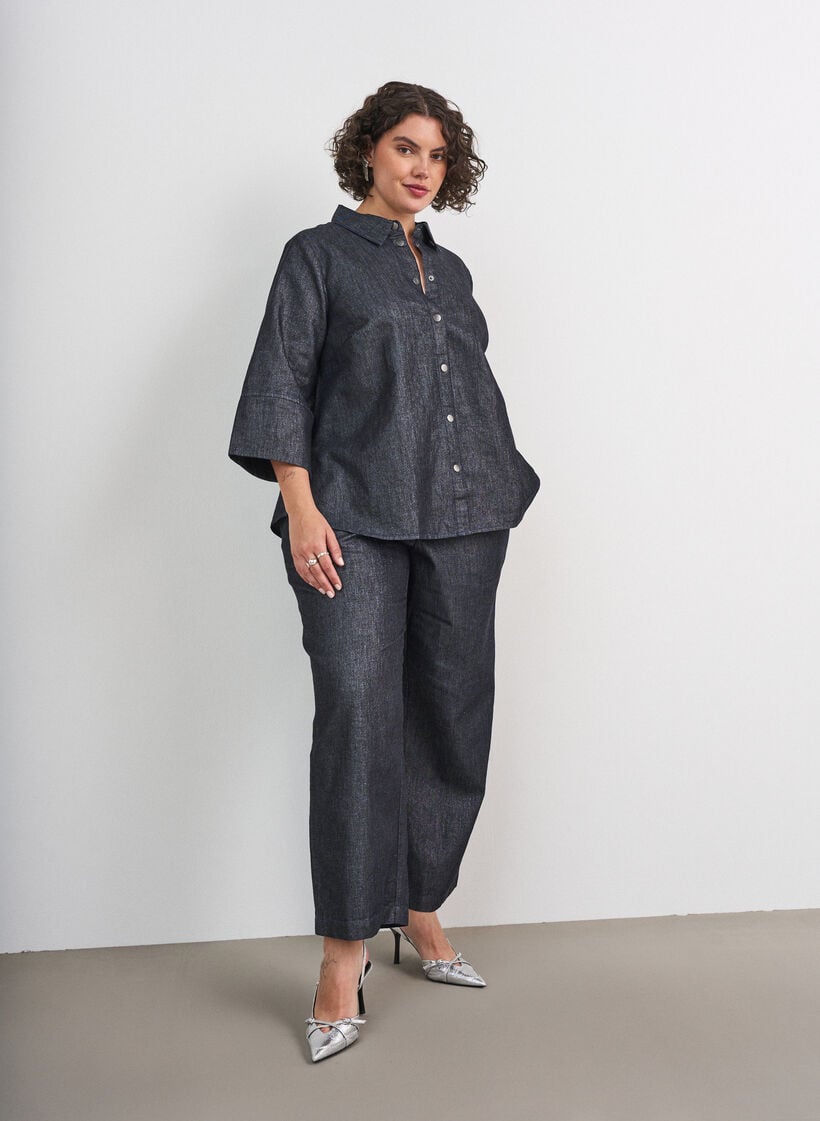 Denim shirt with glitter thread and 3/4 sleeves, Dark Grey, Model image number 1