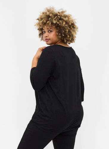 Solid-coloured, 3/4-sleeves cotton blouse, Black, Model image number 1