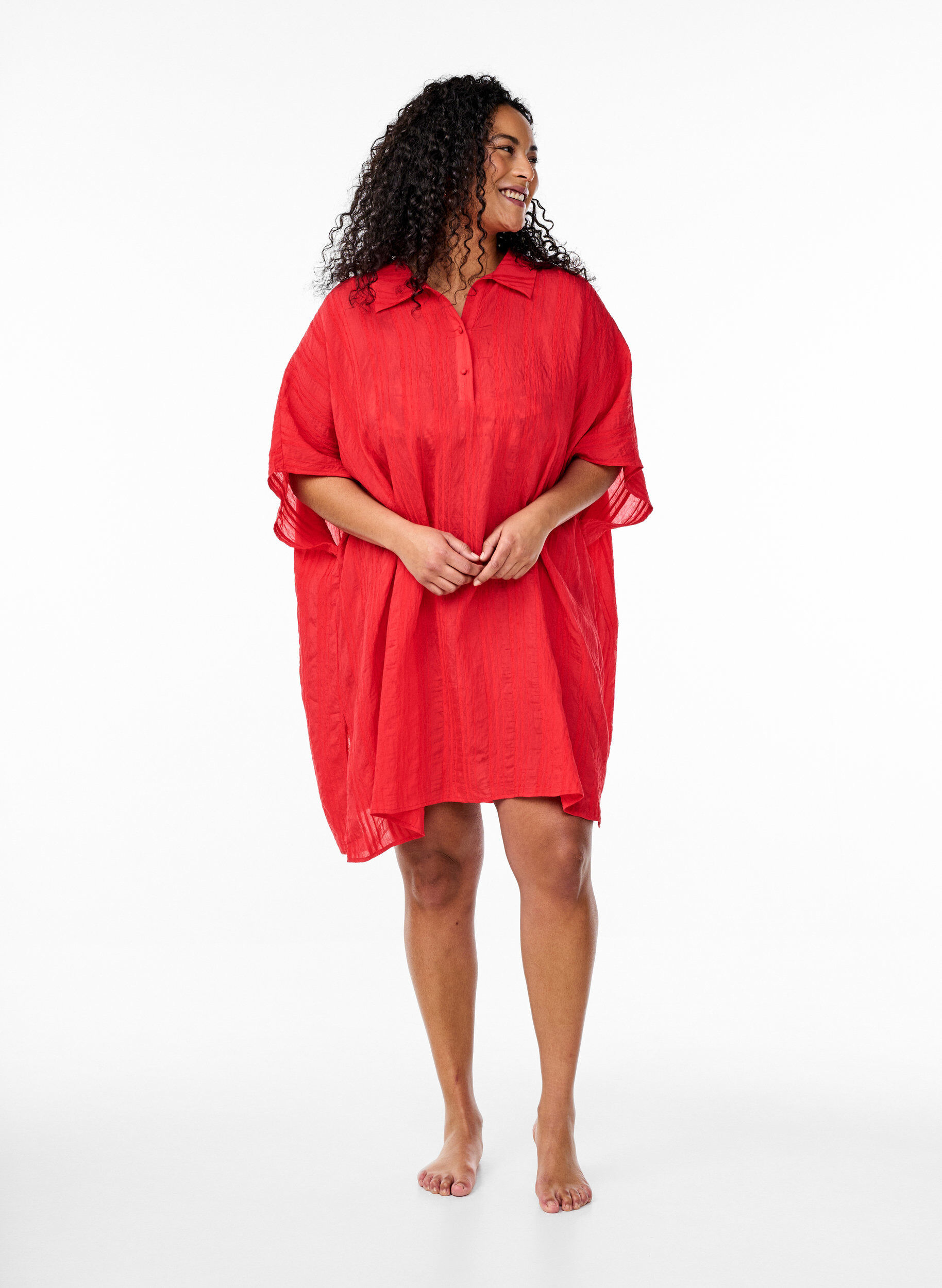 Zizzifashion Beach kaftan with collar and button closure, Red, Model image number 1