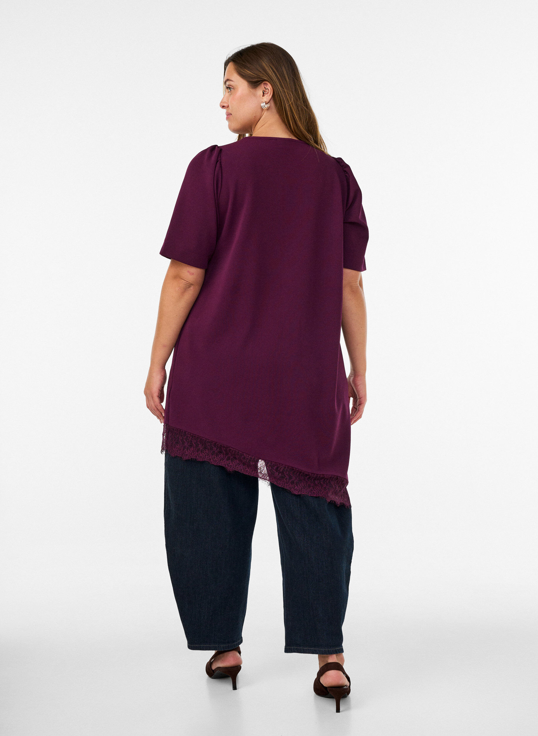 ZizzifashionTunic with asymmetric lace trim, Purple, Model image number 2