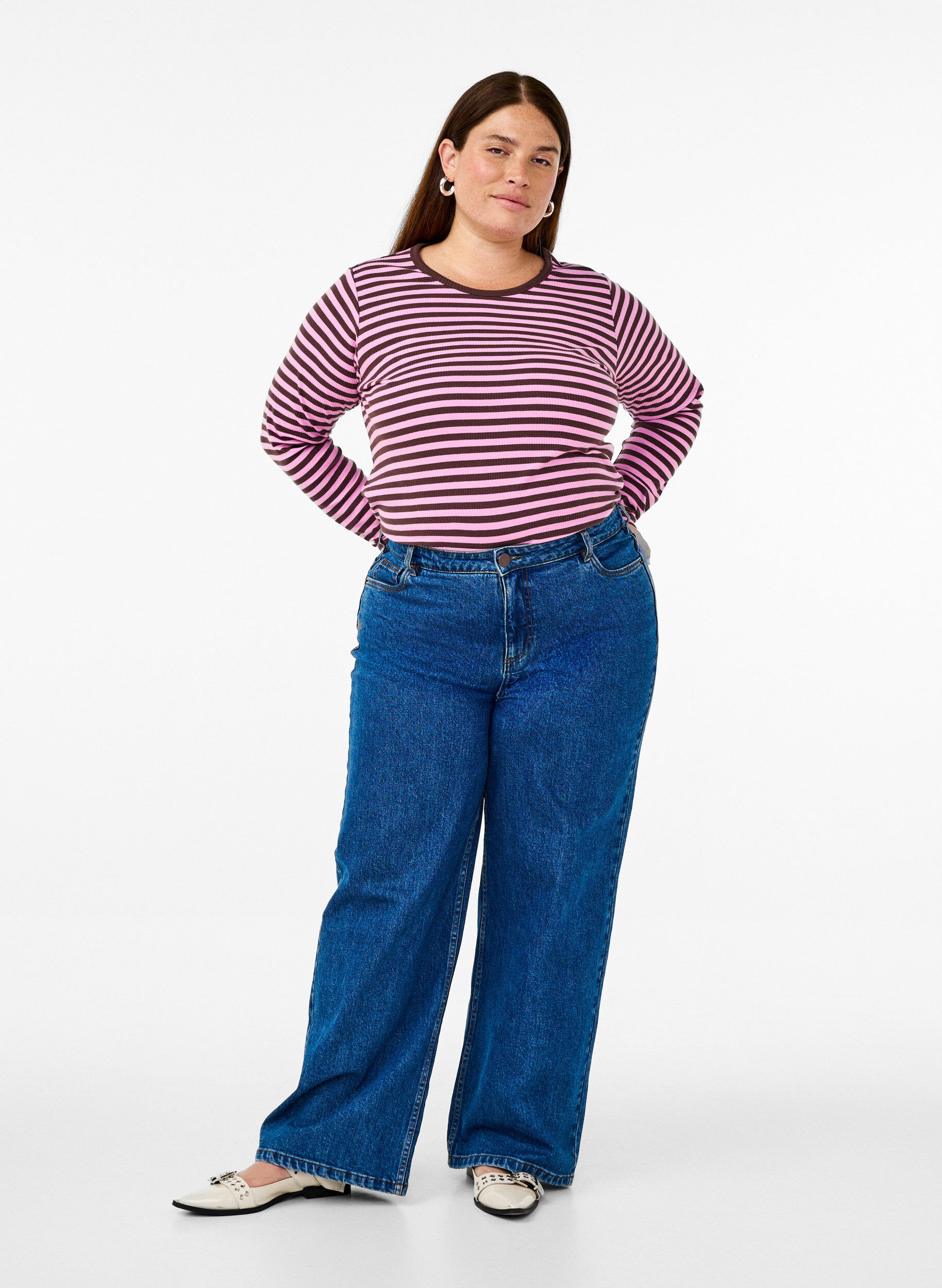 ZizzifashionStriped blouse with long sleeves, Pink, Model image number 1