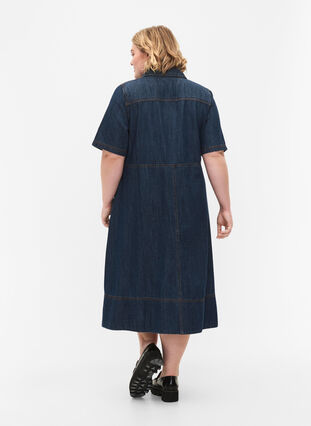 Denim shirt dress with short sleeves, Dark blue denim, Model image number 1
